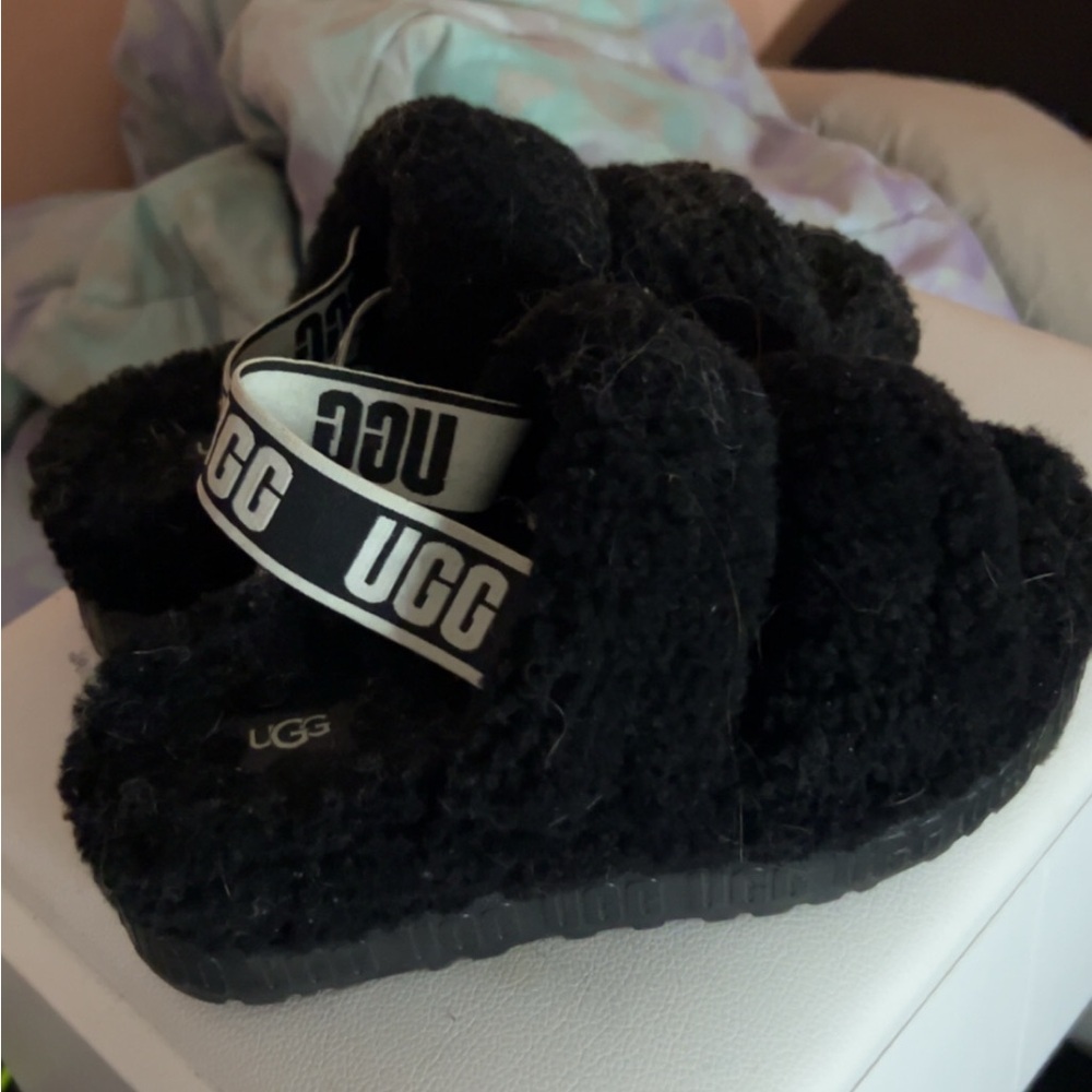 UGG Black Fuzzy Slide Sandals